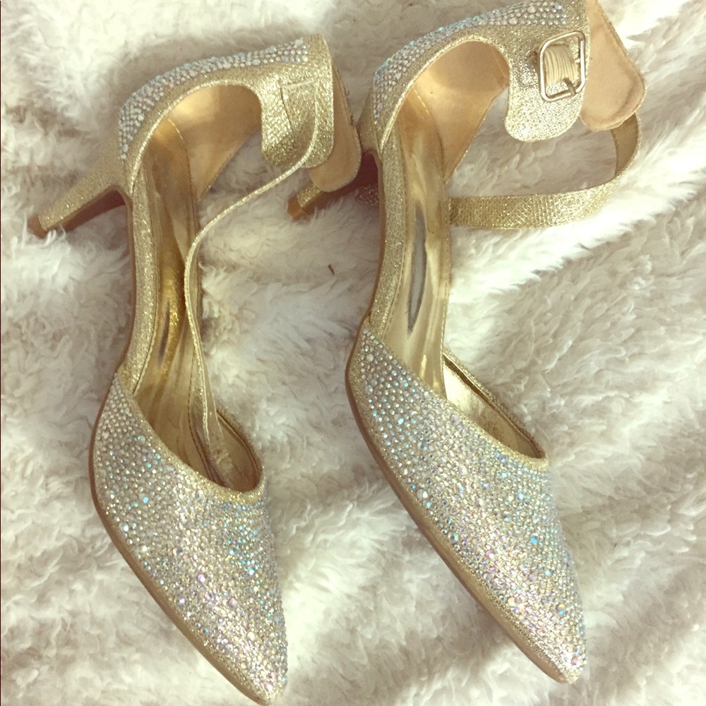 Party Shoes Gold Rhinestones Pointy Heels Sz 9